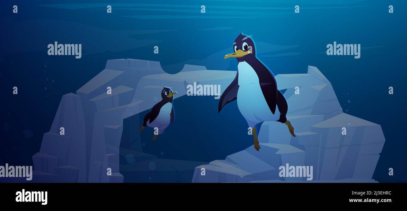 Les pingouins nagent sous l'eau dans l'océan antarctique.Illustration vectorielle de dessins animés d'oiseaux marins nageant en mer dans l'Antarctique avec icebergs et glaciers uedn Illustration de Vecteur