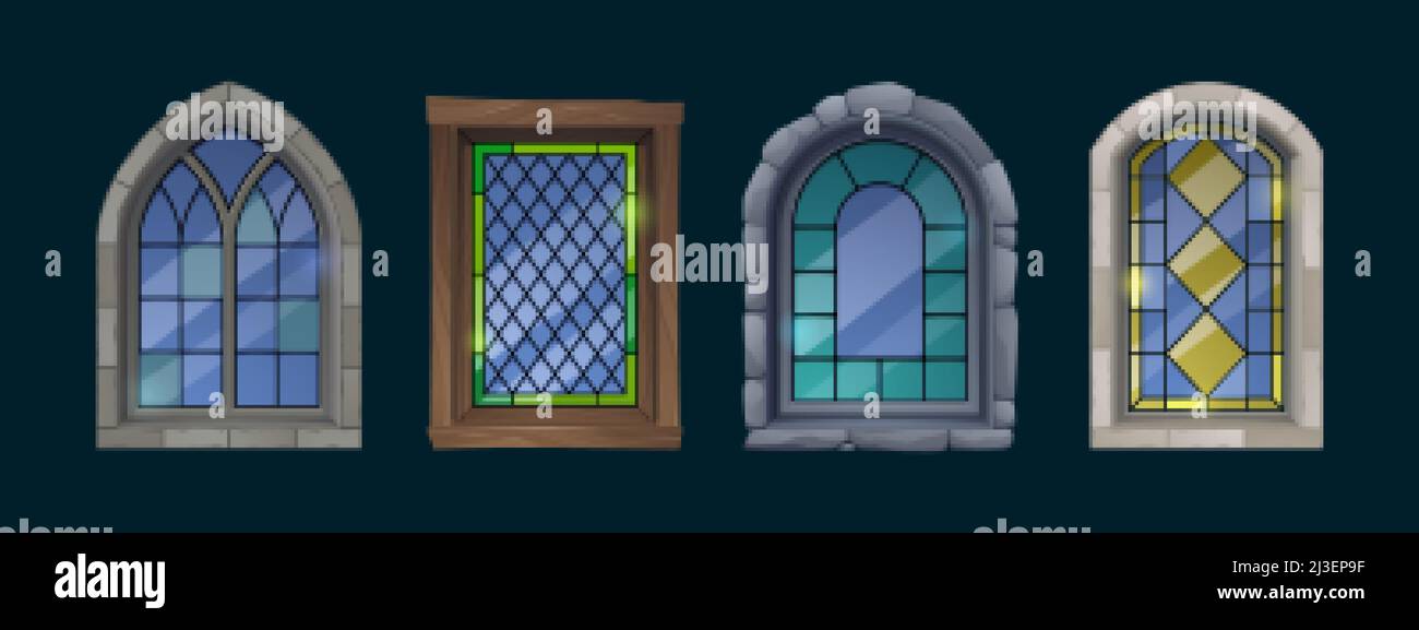 Vitraux de dessin animé, église catholique, intérieur gothique médiéval ou éléments de design d'architecture extérieure de formes rectangulaires et arcades.Un Illustration de Vecteur