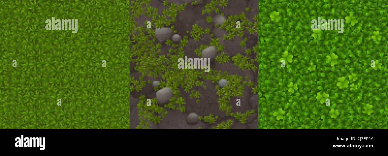 Textures de jeu de pelouse verte, herbe et pierres, prairie avec plantes de trèfle motifs sans couture vue du dessus.Arrière-plans naturels texturés du terrain d'été, rea Illustration de Vecteur
