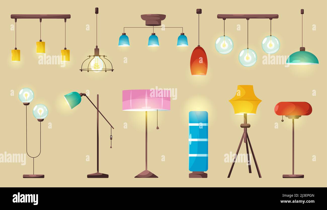 Lampes, ampoules électriques lumineuses au plafond et au sol, ampoules à incandescence de lustre moderne, torchères de formes et de design différents.Interio isolé Illustration de Vecteur