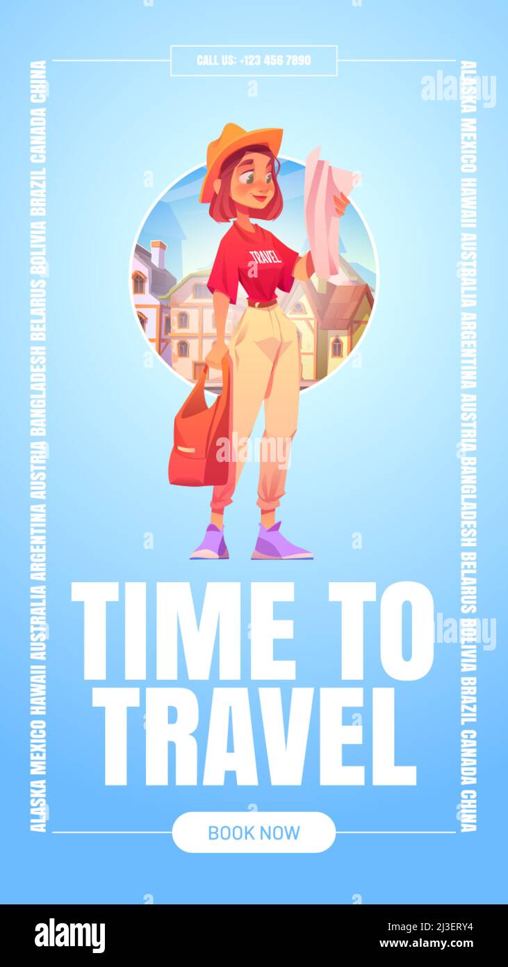 Il est temps de voyager poster avec une fille touriste avec sac et carte dans un pays étranger.Vecteur flyer de vacances, tourisme international avec caricature illustr Illustration de Vecteur