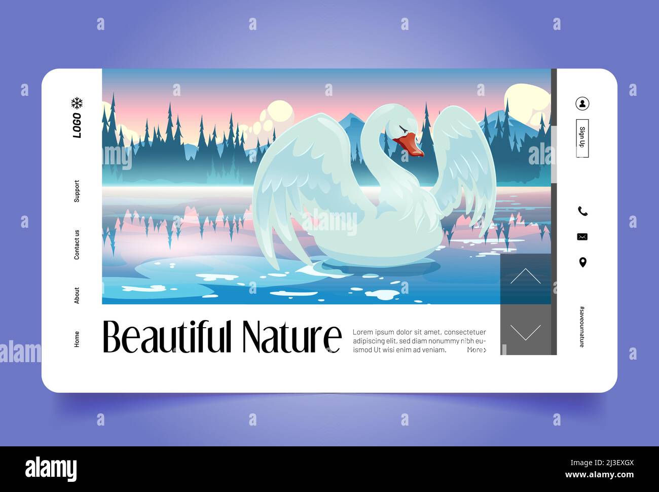 Swan sur le lac, belle page d'atterrissage de dessin animé nature.Paysage du matin, vue sur le paysage avec des oiseaux blancs nagent dans un étang calme avec des montagnes et des conifères Illustration de Vecteur