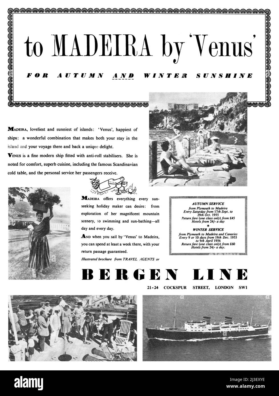 1955 Publicité britannique pour la ligne de Bergen et croisières sur le navire à vapeur venus. Banque D'Images