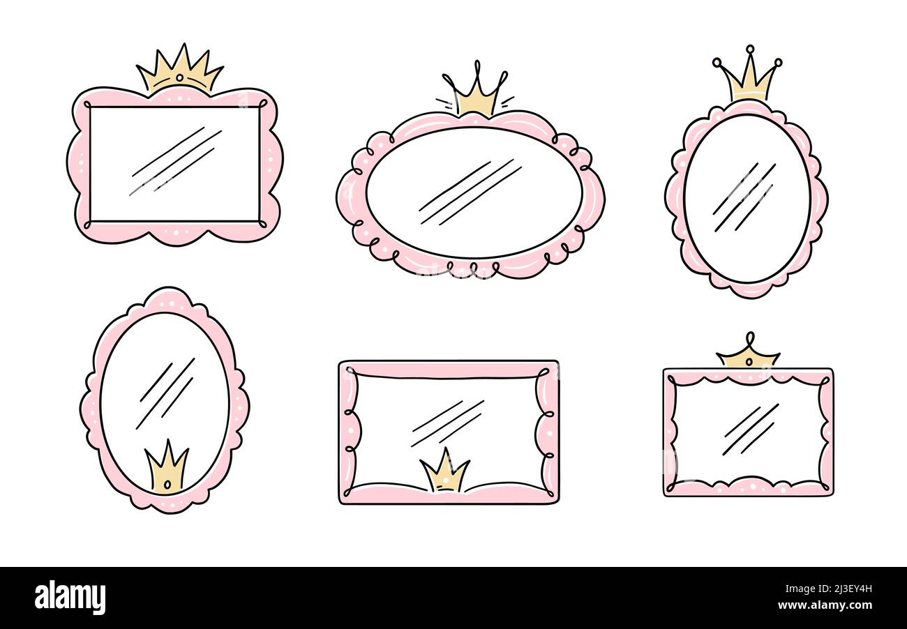 Cadre de miroir couronne princesse. Miroir de jardin dessiné à la main avec couronne pour bébé princesse décorer bordure. Illustration vectorielle. Illustration de Vecteur