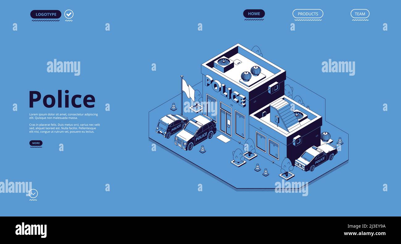 Page d'atterrissage isométrique du poste de police avec façade du bâtiment du bureau du service de police, voitures de patrouille et drapeau de la porte.Architecture de la ville de la maison de quartier, Illustration de Vecteur