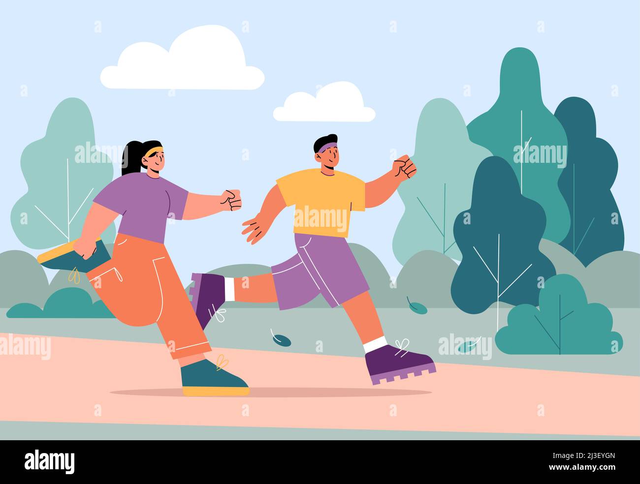 Homme et femme courent dans le parc.Illustration d'un couple de coureurs qui s'avancée ensemble.Paysage plat vectoriel avec arbres verts et deux personnages joggeurs sur le chemin. Illustration de Vecteur