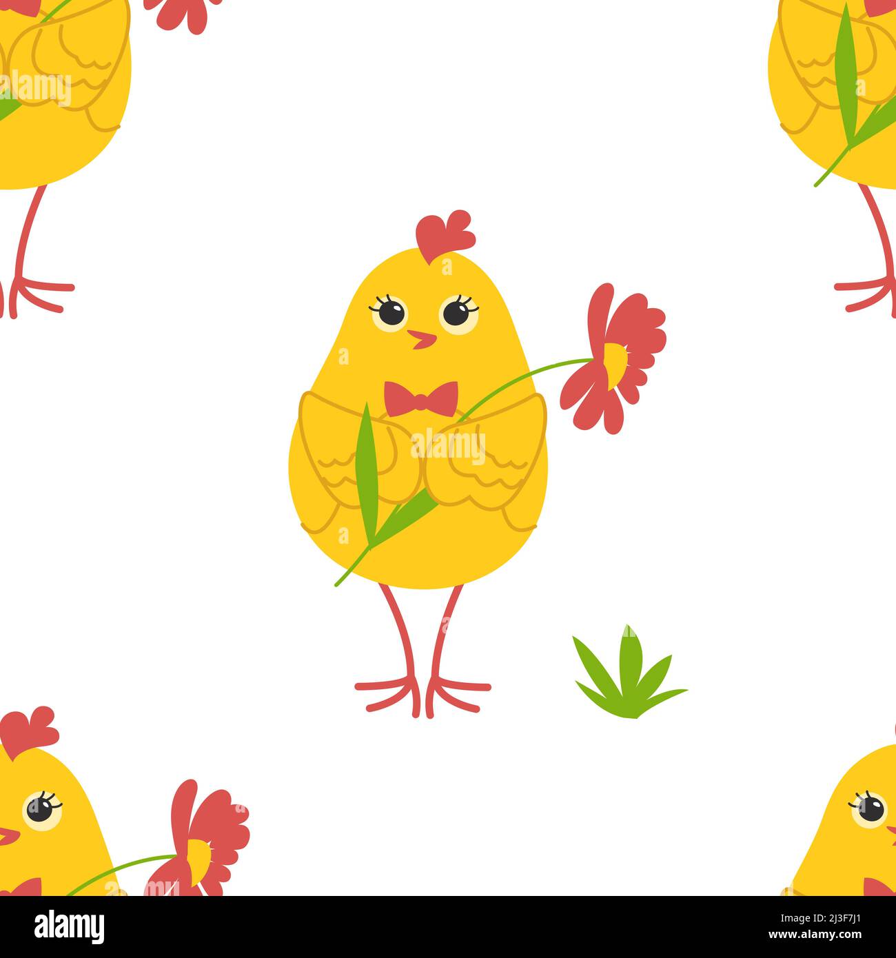 Mignons poussins jaunes dans différentes poses sans couture motif, oiseaux et fleurs, papillons. Illustration vectorielle Illustration de Vecteur