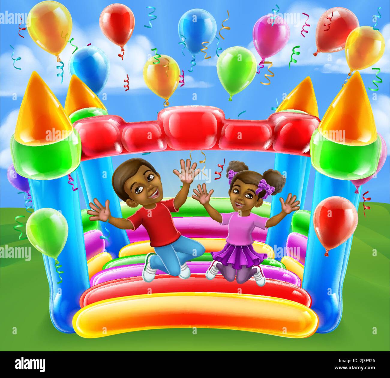 Bouncy House Castle Jumping Girl Boy enfants Cartoon Illustration de Vecteur