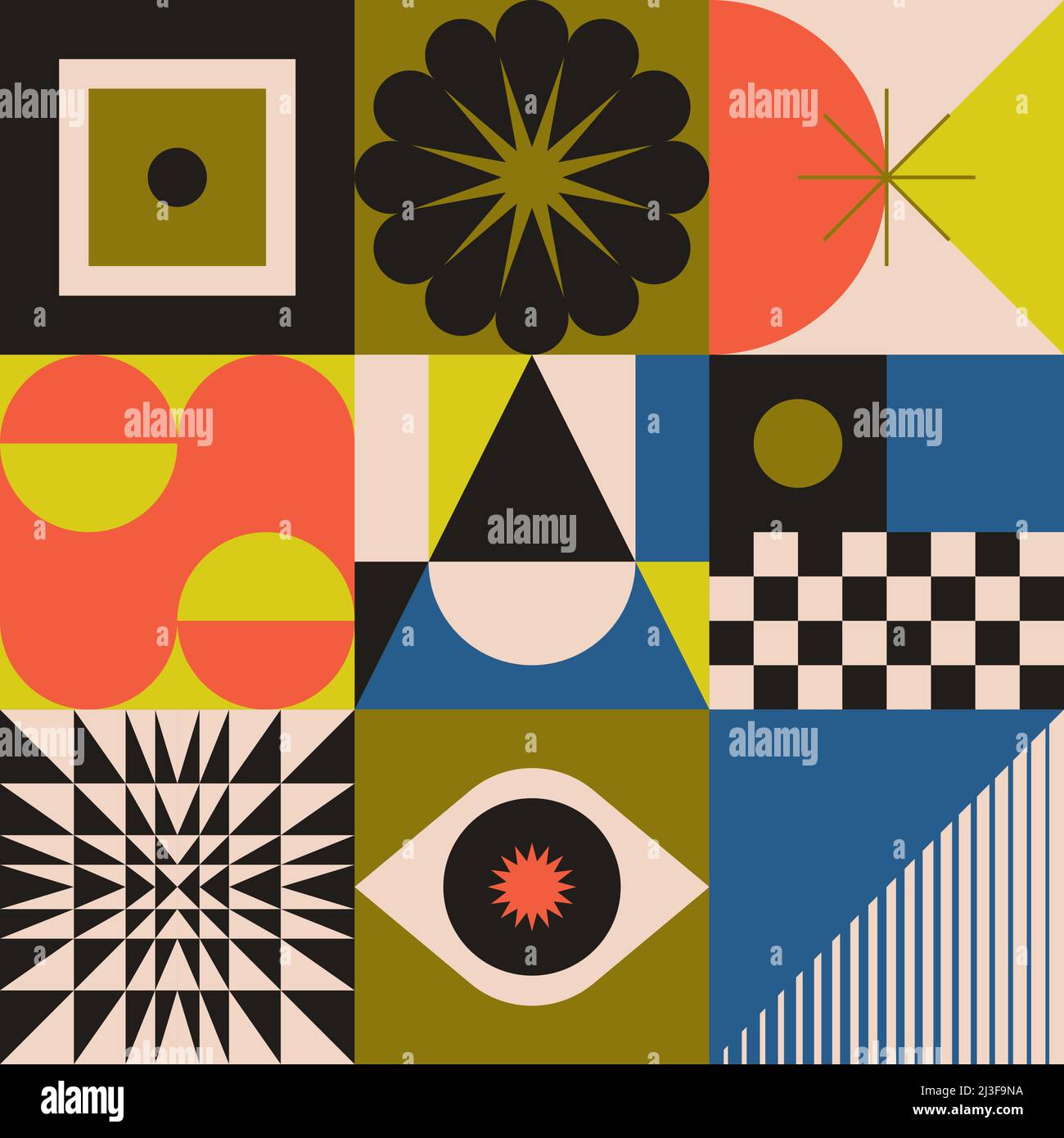 Œuvres d'art abstraites inspirées de Bauhaus, composées d'éléments de conception vectoriels et de formes géométriques audacieuses. Illustration de Vecteur