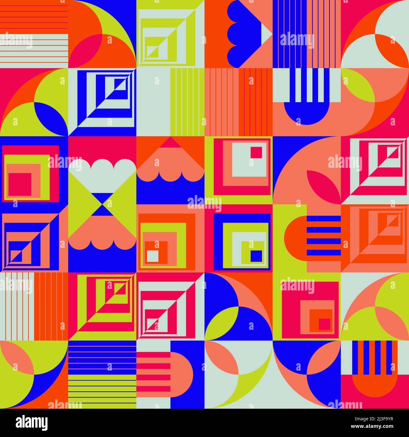 Motif vectoriel abstrait de couleur fluo composé de formes et d'éléments géométriques variés. Illustration de Vecteur