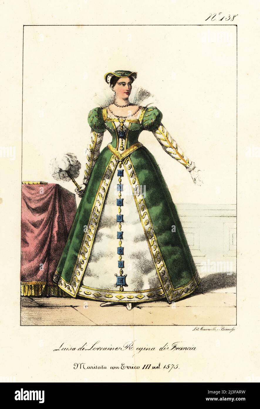 Louise de Lorraine, 1553-1601, Reine de France, Reine de Pologne et Grande duchesse de Lituanie par mariage avec le roi Henri III de France. Louise de Lorraine, Reine de France, mariee a Henry III en 1575. Lithographie de couleur main par Lorenzo Bianchi et Domenico Cuciniello d'après Hippolyte Lecomte de Costuci civili e militari della monarchia francese dal 1200 al 1820, Naples, 1825. Édition italienne des costumes civils et militaires de Lecomte de la monarchie française de 1200 à 1820. Banque D'Images