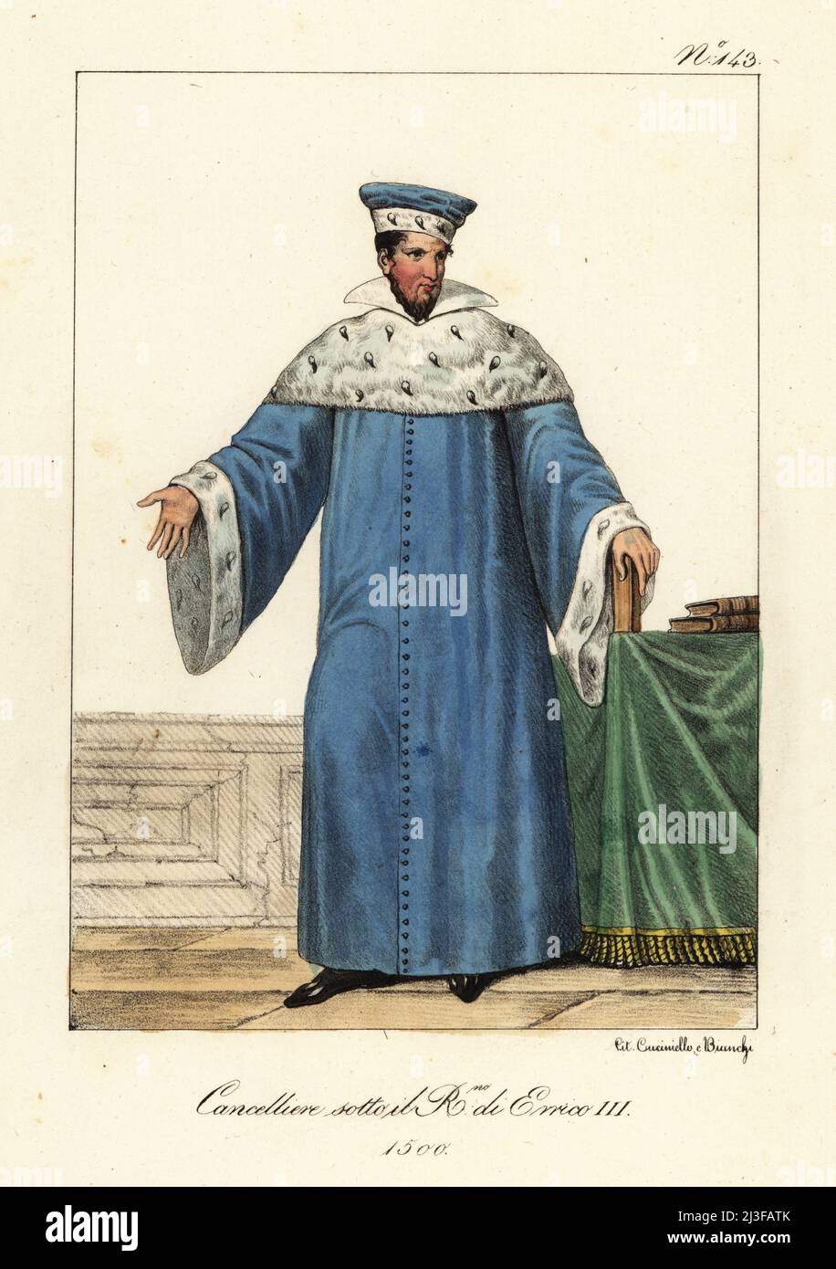 Costume d'un chancelier de France, 1580. Casquette en velours et robe doublée d'hermine. Peut-être le cardinal René de Birague, chancelier de 1573-1583 sous le règne du roi Henri III Chancellier sous le Regne de Henry III Lithographie de couleur main par Lorenzo Bianchi et Domenico Cuciniello d'après Hippolyte Lecomte de Costuci civili e militari della monarchia francese dal 1200 al 1820, Naples, 1825. Édition italienne des costumes civils et militaires de Lecomte de la monarchie française de 1200 à 1820. Banque D'Images