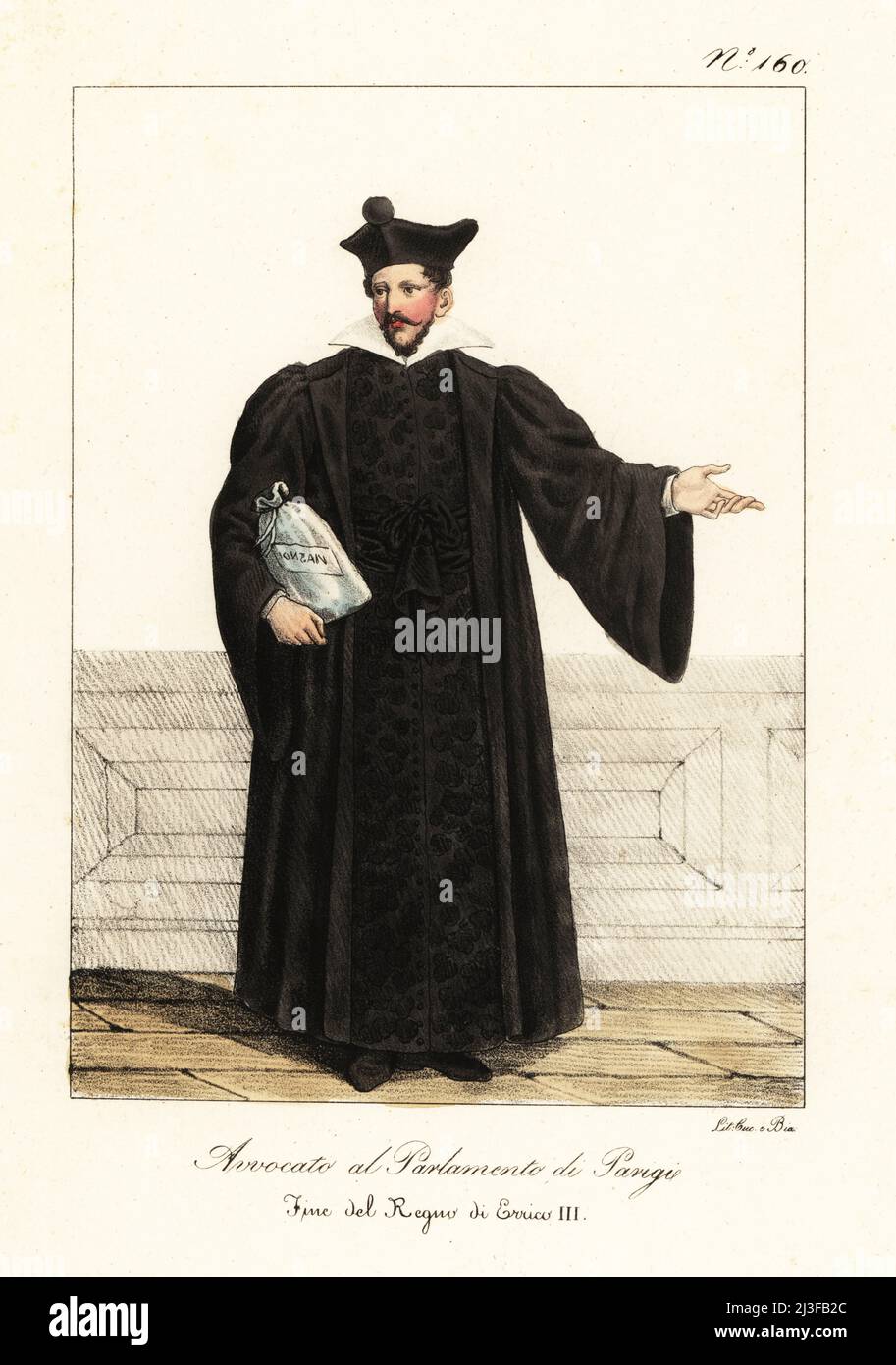 Avocat au Parlement de Paris, 1580s. En casquette avec pompon, manteau sur  robe avec grand col. Avocat au Parlement de Paris, fin du règne de Henry  III Lithographie de couleur main par