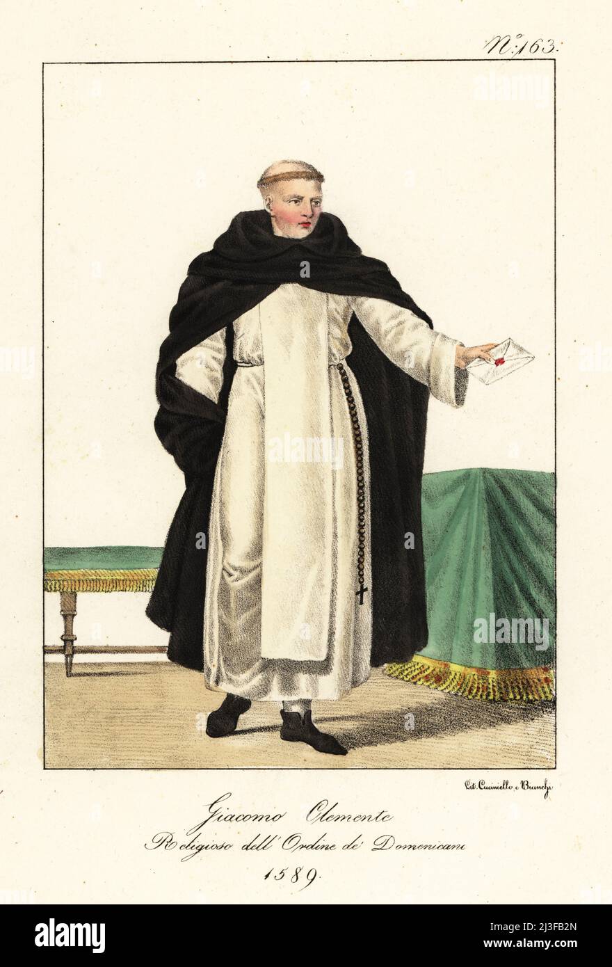 Jacques Clement, moine dominicain français, 1567-1589, qui a poignardé le roi Henri III de France avec un poignard en 1589. Jacques Clement, Religieux de l'ordre des Dominicains. Assassin de Henry III Lithographie de couleur main par Lorenzo Bianchi et Domenico Cuciniello d'après Hippolyte Lecomte de Costuci civili e militari della monarchia francese dal 1200 al 1820, Naples, 1825. Édition italienne des costumes civils et militaires de Lecomte de la monarchie française de 1200 à 1820. Banque D'Images