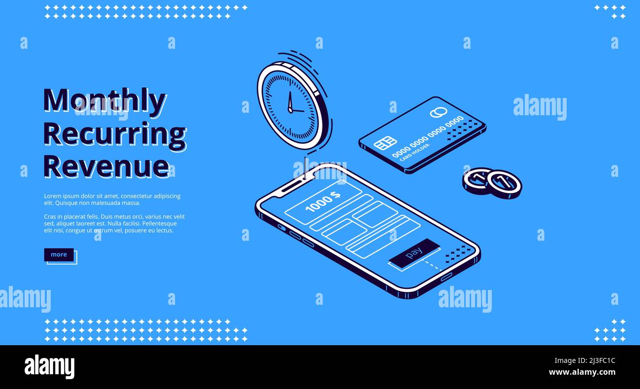 Bannière mensuelle de revenus récurrents. Rémunération et paiements fixes, concept MRR. Page d'arrivée vectorielle de revenu récurrent avec icônes isométriques de factures sur s. Illustration de Vecteur