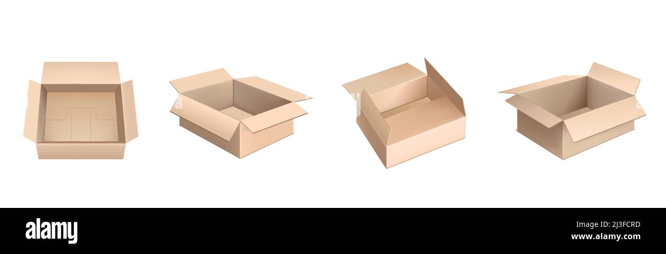 Maquette de boîtes en carton, 3D colis de marchandises et de colis  vectoriels, conteneurs en carton réalistes. Emballages fermés et ouverts  pour marchandises, tiroirs vides isolés Image Vectorielle Stock - Alamy