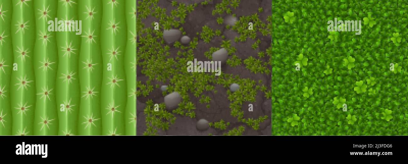 Textures de terrain avec herbe verte, trèfle et cactus avec des pickles pour le fond de jeu. Dessin animé vectoriel motifs sans couture de la surface des cactus et du haut vi Illustration de Vecteur