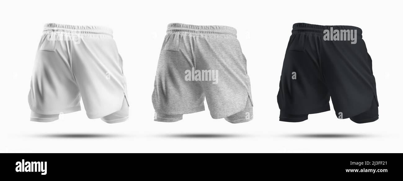 Modèles de shorts de sport pour Homme avec sous-short de compression 3D  rendu, vue arrière. Vêtements de sport blancs, noirs et chiné pour un  design de présentation. Définir Photo Stock - Alamy