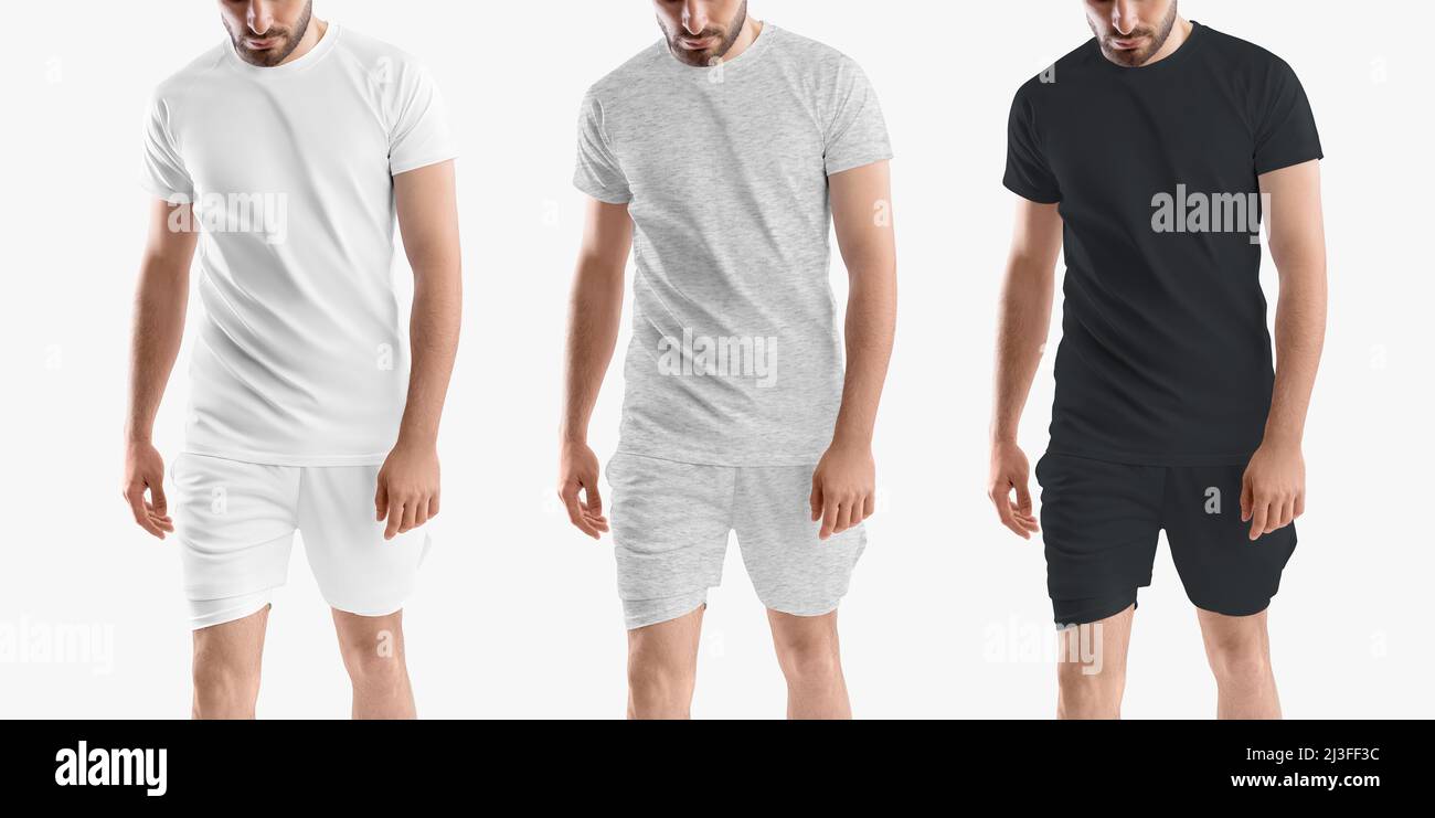 Ensemble de t-shirt et short de sport avec short de compression. Vêtements de sport blancs, noirs et gris chiné. Modèle de présentation Banque D'Images