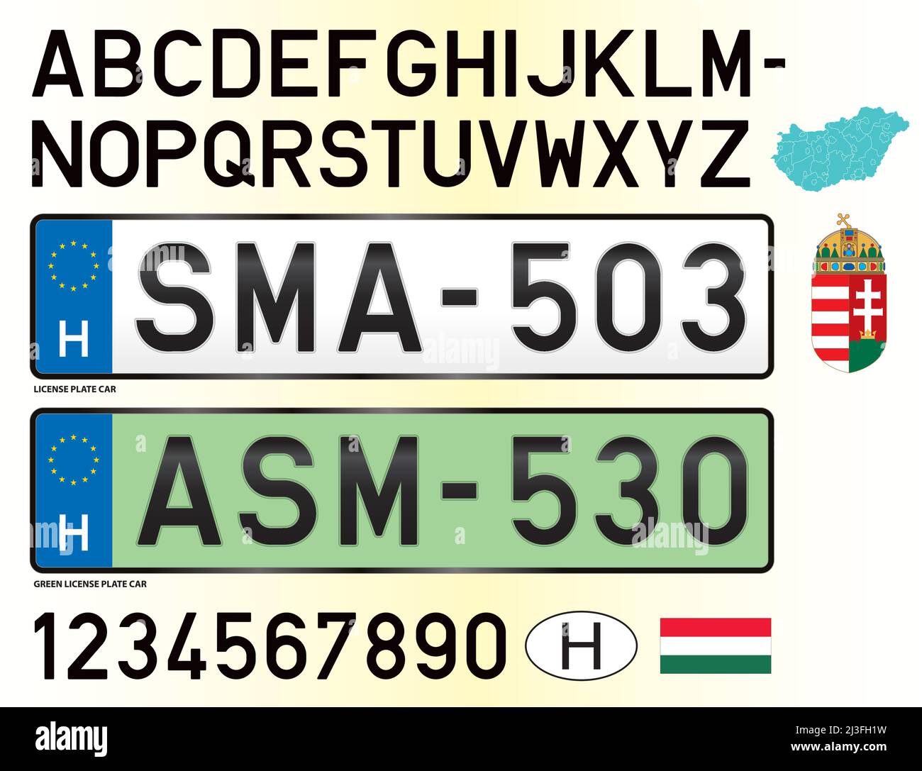 Plaque d'immatriculation de voiture verte Hongrie, lettres, chiffres et  symboles, illustration vectorielle Image Vectorielle Stock - Alamy