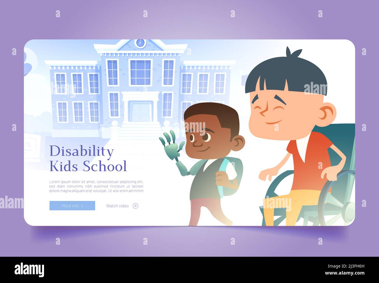 Bannière web de dessin animé d'école pour enfants handicapés multiraciaux, enfant asiatique en fauteuil roulant et enfant asiatique avec prothèse bionique de main Illustration de Vecteur