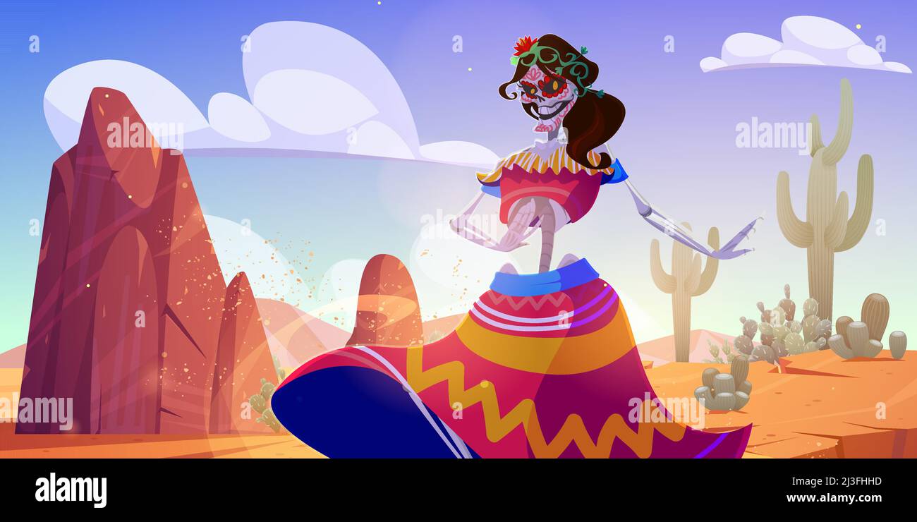 Journée mexicaine des morts avec danse du squelette dans le désert. Illustration vectorielle de paysage désertique au Mexique avec sable, rochers, cactus et Illustration de Vecteur