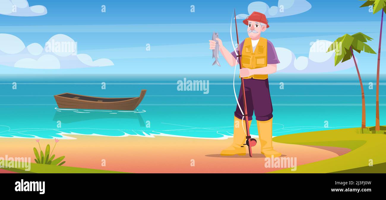 Vieux pêcheur tenant des poissons sur le stand de canne à la côte de mer avec bateau flottant en bois. Homme mature personnage activité d'été, retraité avec transport, récher Illustration de Vecteur