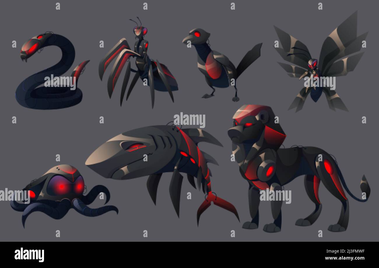 Les animaux mécaniques maléfiques, le lion, le requin, le pieuvre, le papillon et les robots d'oiseaux. Ensemble de dessins animés vectoriels de cyborgs futuristes en colère animaux, mantis mécaniques noirs, Illustration de Vecteur