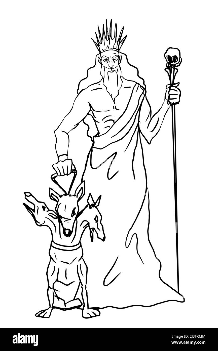 Mythologie grecque Dieux, Hadès, illustration, fond blanc, dessin de ligne. Banque D'Images