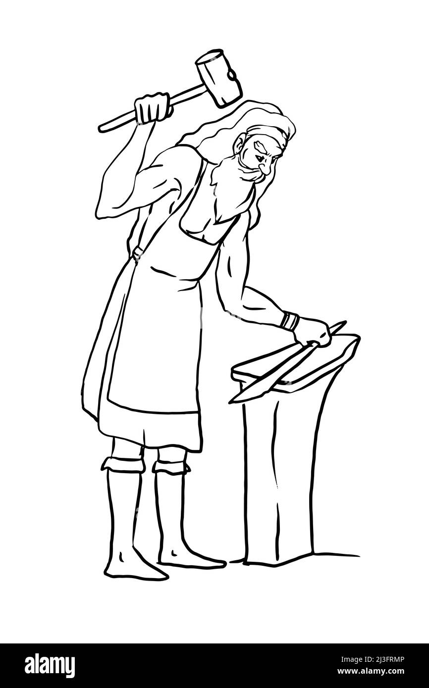 Mythologie grecque Dieux, Hephaestus,illustration ,fond blanc,dessin de ligne. Banque D'Images