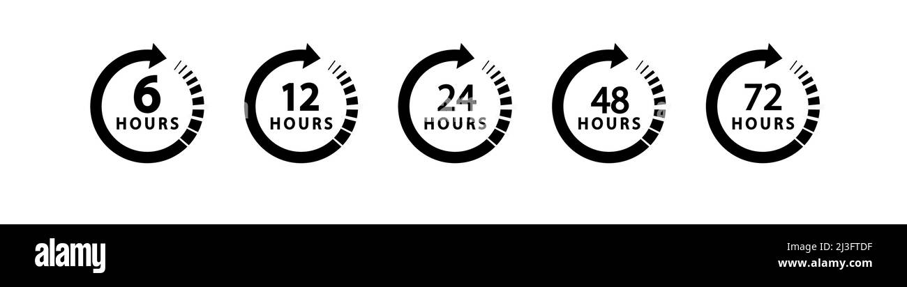6, 12, 24, 48, 72 heures flèche d'horloge. Symbole temps de travail, temps de livraison et d'entretien, isolé sur blanc , icône vectorielle Illustration Illustration de Vecteur