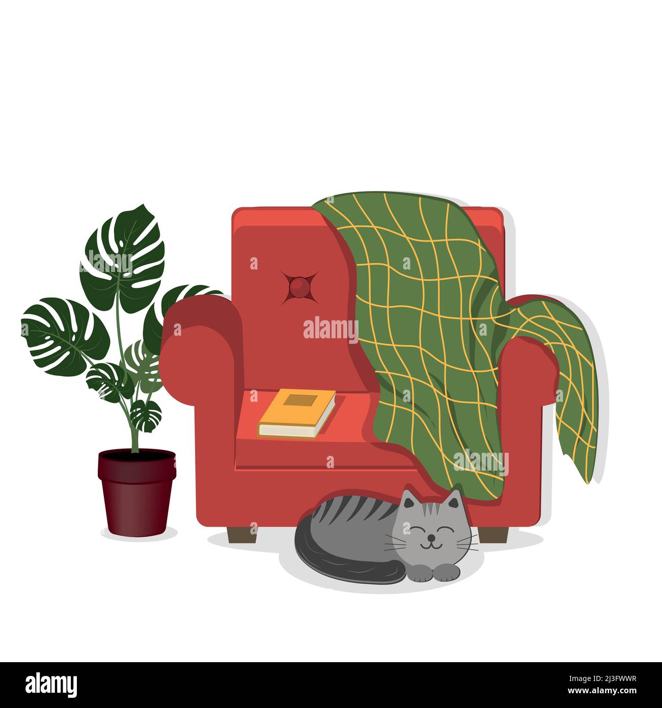 maison fauteuil intérieur, fleur et chat, couleur vecteur illustration plat Illustration de Vecteur