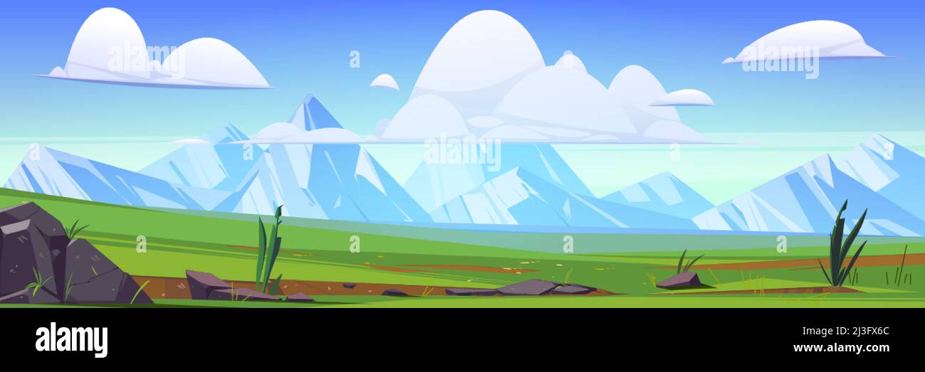 Prairies vertes et montagnes blanches à l'horizon. Dessin animé vectoriel illustration du paysage d'été de la vallée avec l'herbe, des pierres, des rochers de neige sur la ligne d'horizon et Illustration de Vecteur