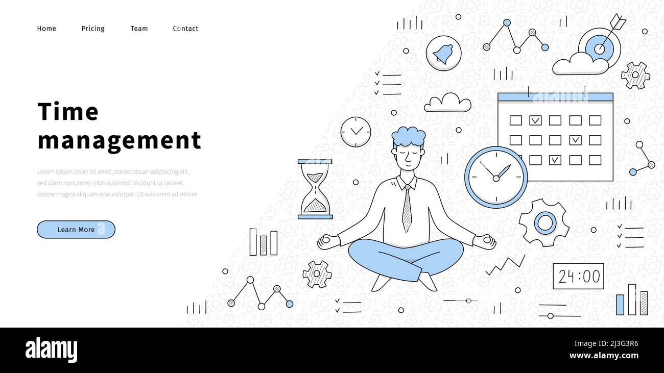 Bannière de gestion du temps avec homme en posture de yoga, horloge, engrenages et calendrier. Page d'accueil Vector de l'organisation du travail, contrôle du temps avec doodle businomma Illustration de Vecteur