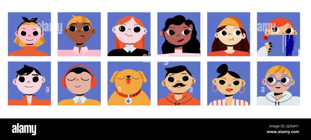Avatars avec portraits de personnes pour profil sur les réseaux sociaux. Collection vectorielle plate de groupes multiraciaux de personnages, de visages de femmes et d'hommes et de chiens Illustration de Vecteur