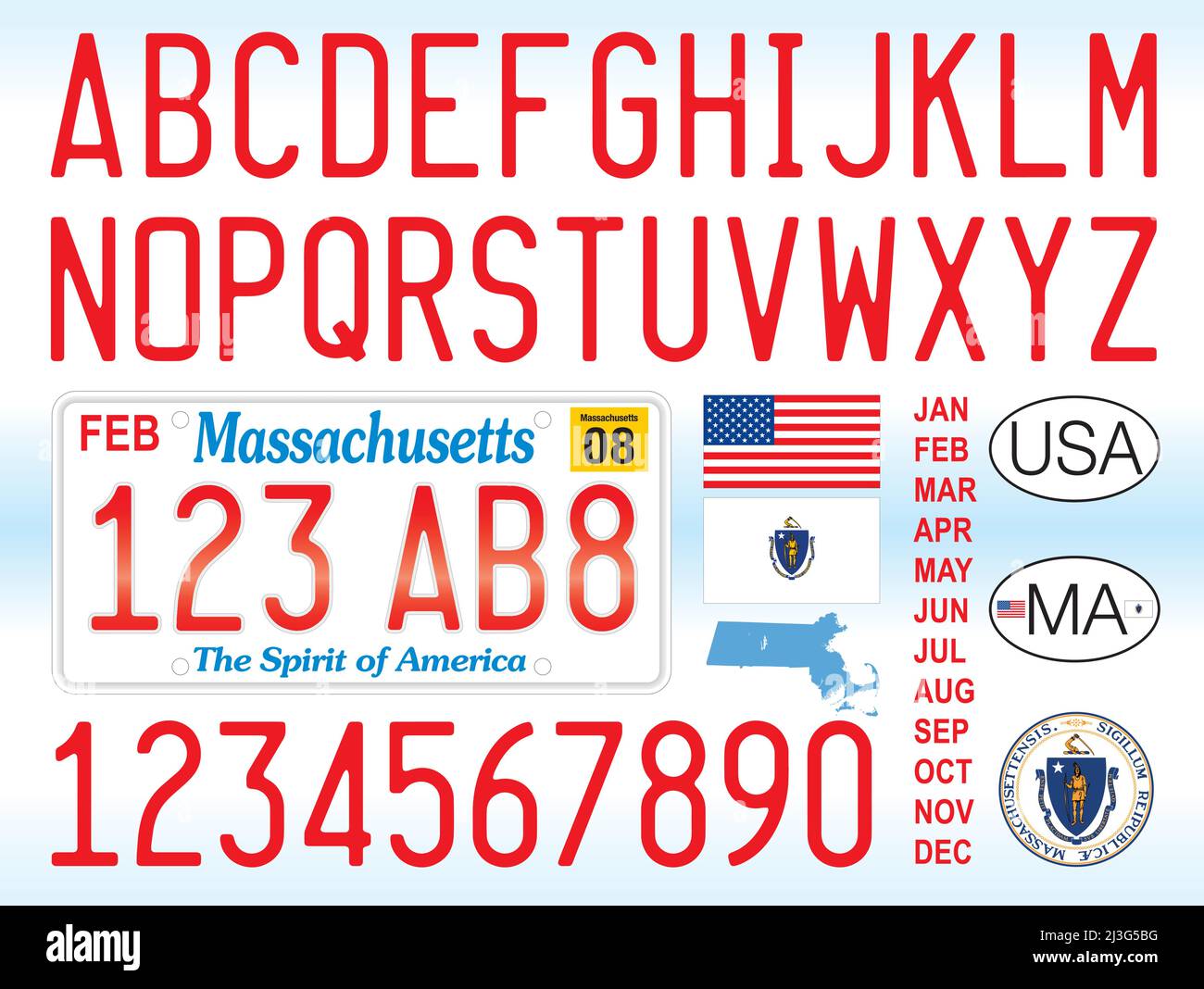 Modèle de voiture de plaque d'immatriculation de l'État du Massachusetts,  chiffres, lettres et symboles, États-Unis, illustration vectorielle Image  Vectorielle Stock - Alamy