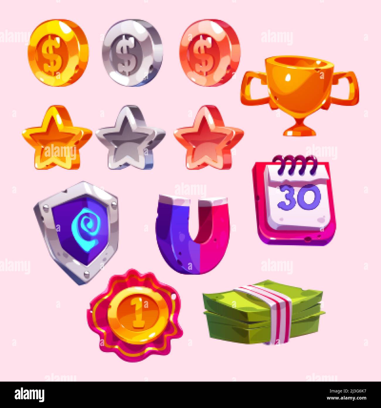 Icônes de jeu caricatures pièces d'or, argent et bronze, coupe de trophée d'or, étoiles de taux, bouclier avec signe mystique, aimant, calendrier, médaille de récompense et argent s. Illustration de Vecteur