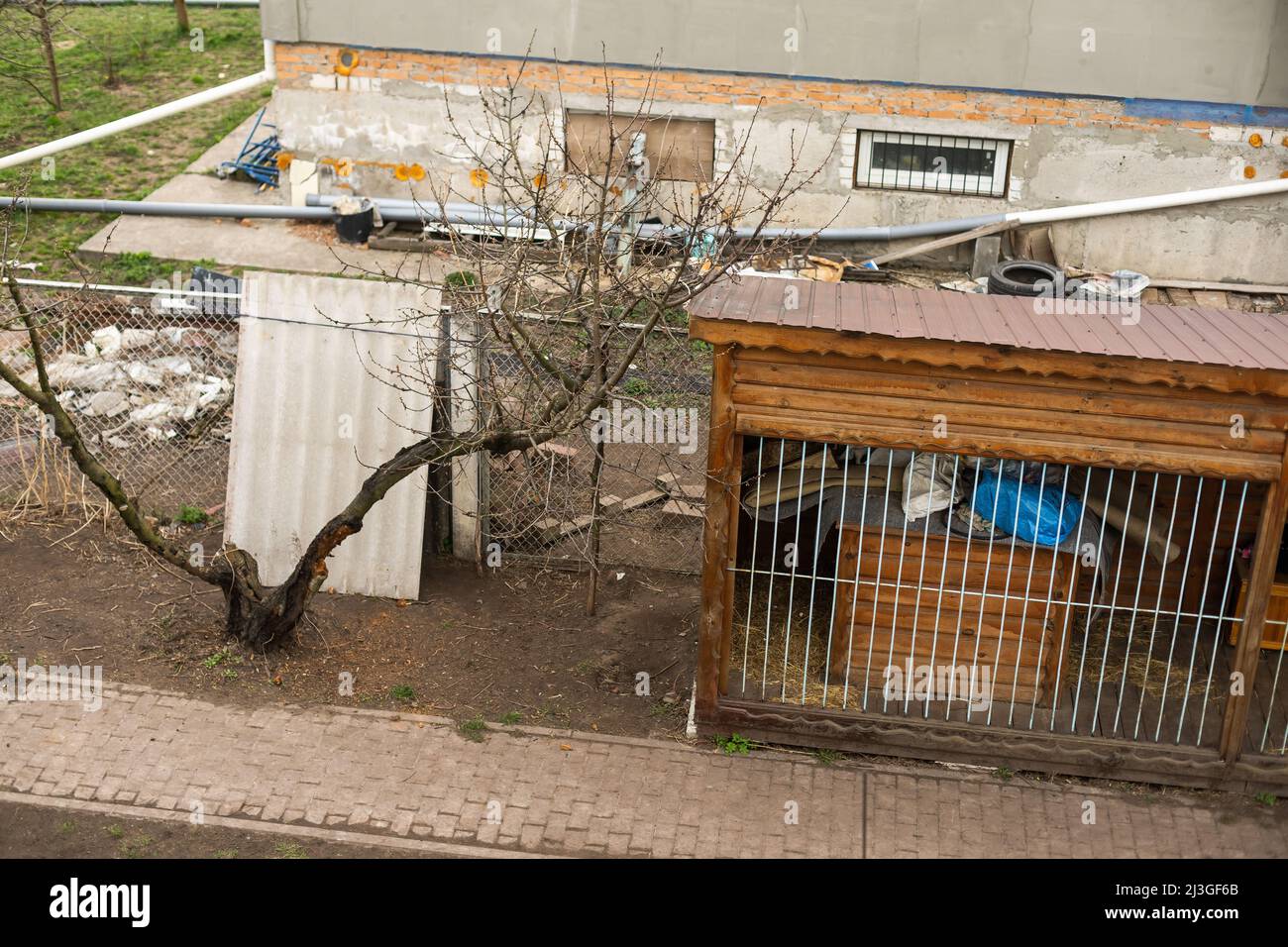 volière pour chiens, une grande parcelle avec une maison pour les huskies, sur la rue dans la cour. Banque D'Images