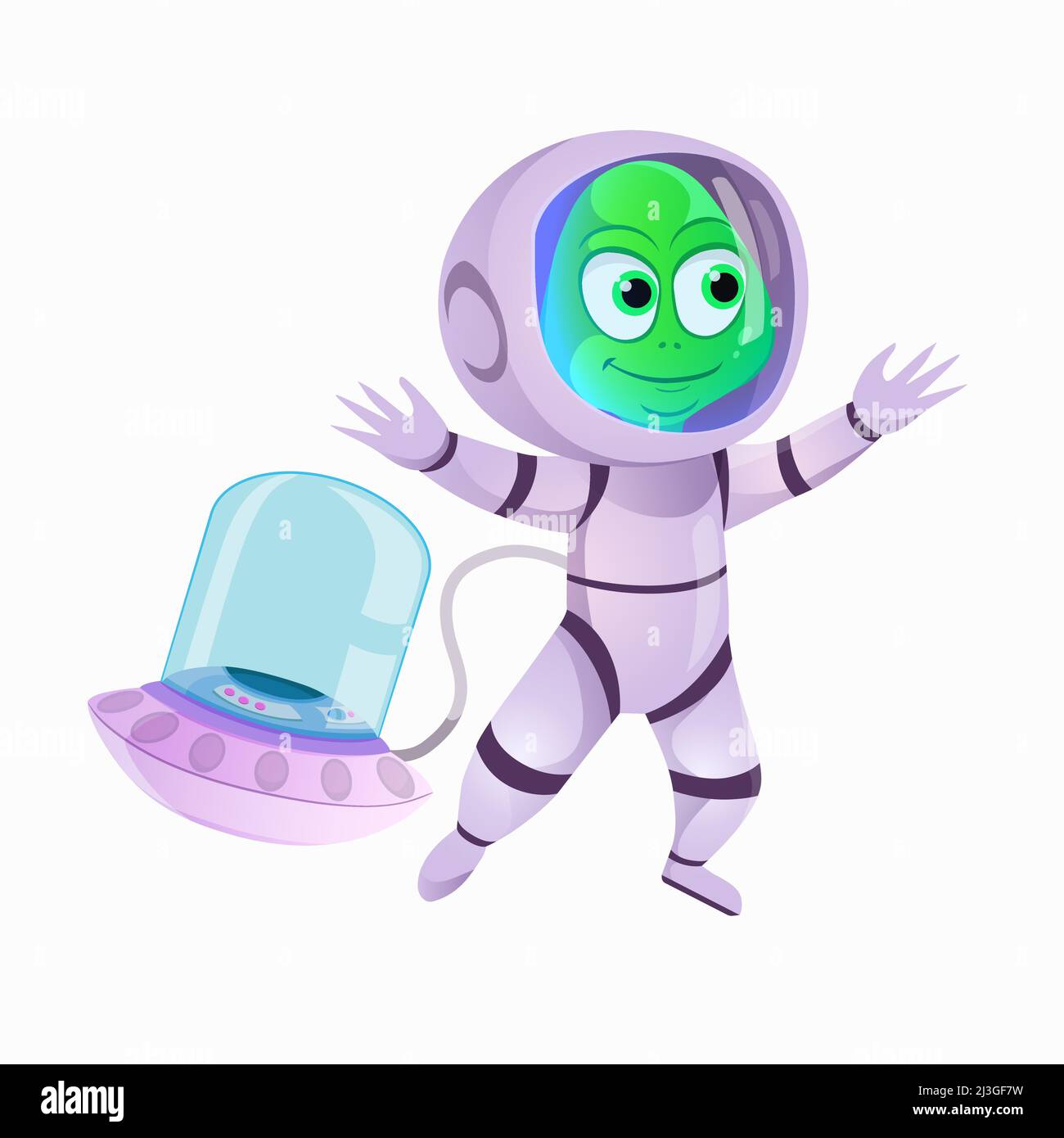 Un adorable extraterrestre vert volant dans un costume d'astronaute sur fond blanc. Illustration de Vecteur