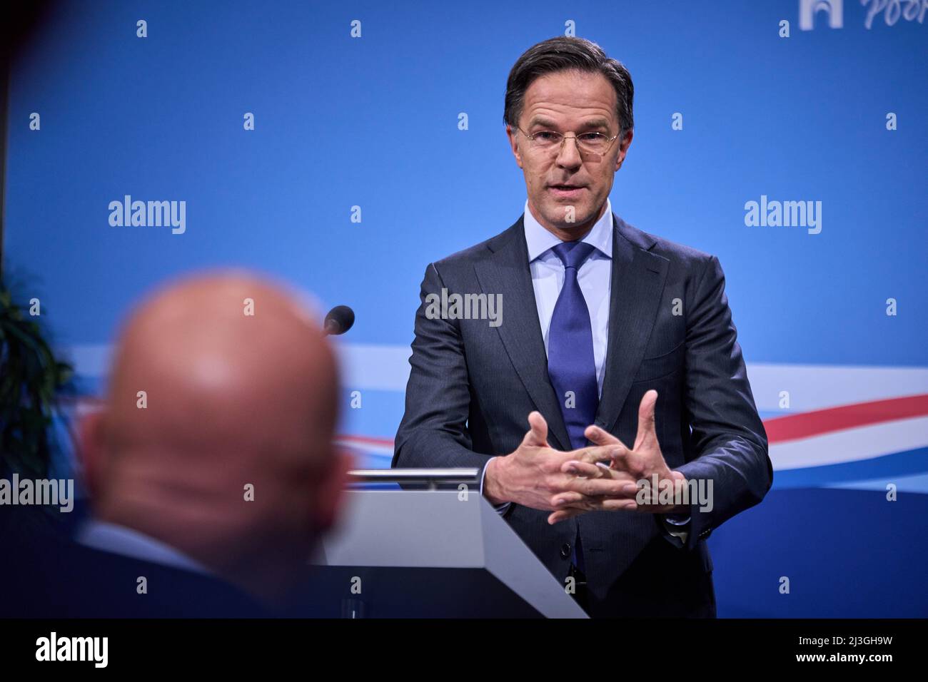 2022-04-08 15:29:14 LA HAYE - Premier ministre Mark Rutte pendant la conférence de presse après le Conseil hebdomadaire des ministres. ANP PHIL NIJHUIS pays-bas - belgique Banque D'Images