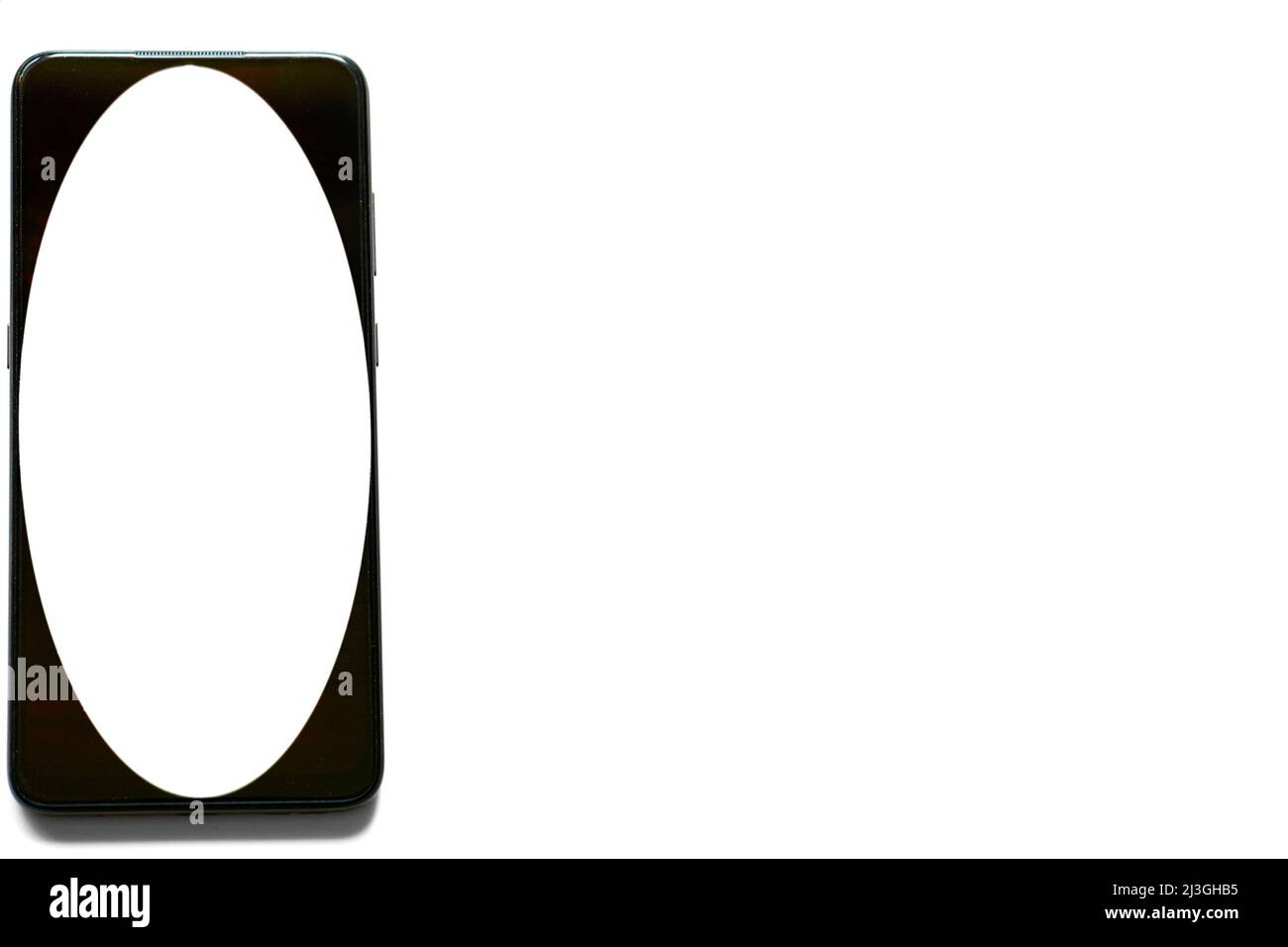 Téléphone portable noir avec emplacement ovale pour le texte sur fond blanc isolé Banque D'Images