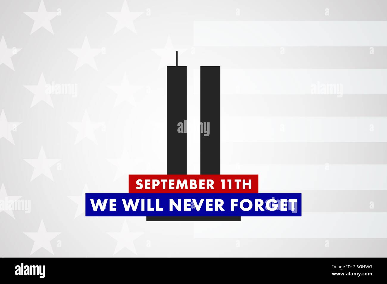 Rappelez-vous 9 11, journée Patriot, 11 septembre. Illustration des tours jumelles représentant le numéro onze. Nous n'oublierons jamais les attaques terroristes Banque D'Images