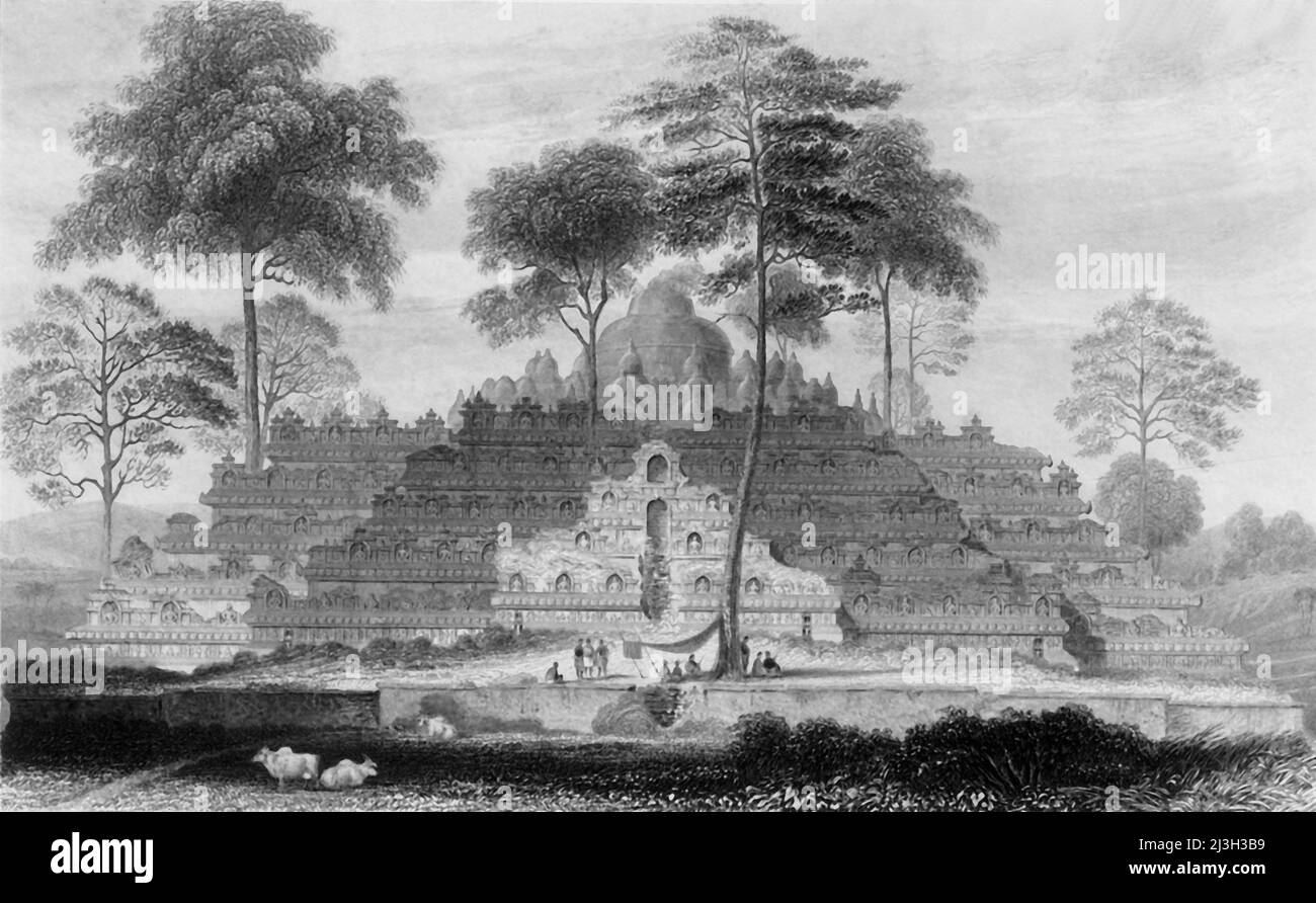 'Borro Boedoor', 1845. Vue sur Borobudur, un temple bouddhiste de Mahayana dans le centre de Java, en Indonésie. Datant du 9th siècle, c'est le plus grand temple bouddhiste du monde. De "Hindostan, les rives de la mer Rouge, et les montagnes de l'Himalaya, vol. II". [Fisher, son & amp; Co., Londres, 1845] Banque D'Images