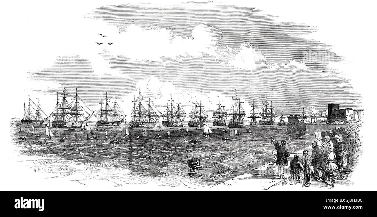 L'escadron français en position, 1850. Des navires de guerre au large de Cherbourg, dans le nord de la France, pour une revue navale. "La flotte française était sous le commandement de l'amiral Parseval-Dechesnes, et avait été amenée de la Méditerranée dans le seul but d'être réexaminée par le Président de la République. Comme il se trouvait dans les routes, il a présenté une vue magnifique lorsqu'il est vu du Quai Napoléon. Il n'y avait pas moins de huit navires de première ligne de bataille amarrés en deux lignes... les yachts aussi, qui avaient des fusils, ont tiré des salutes de vingt et un fusils, et au milieu du tonnerre du canon et des acclamations torchères de la cre Banque D'Images