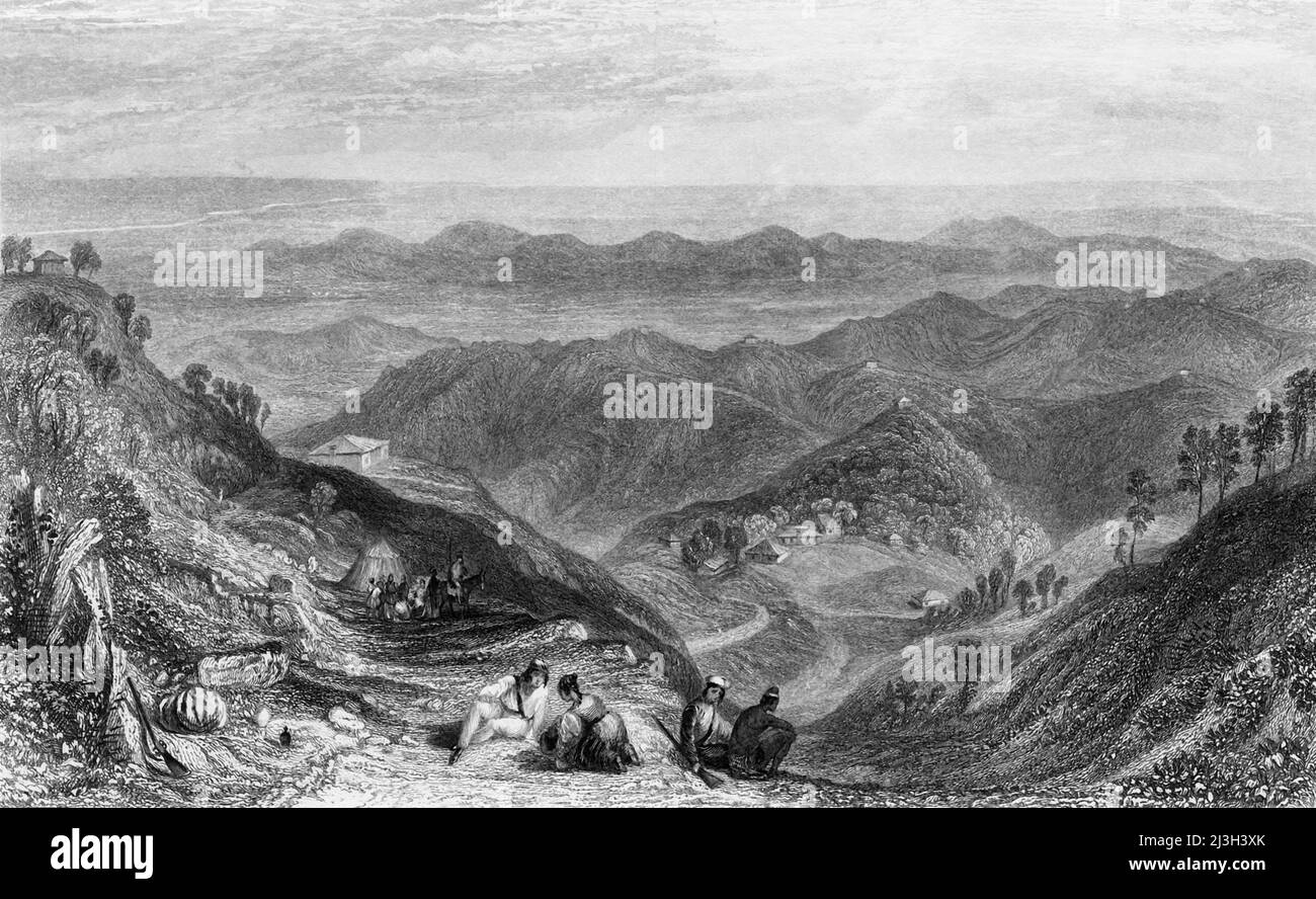 'Mussooree et le Dhoon, de Landour', 1845. Mussoorie et la vallée de Dhoon en Inde. De "Hindostan, les rives de la mer Rouge, et les montagnes de l'Himalaya, vol. I". [Fisher, son & amp; Co., Londres, 1845] Banque D'Images