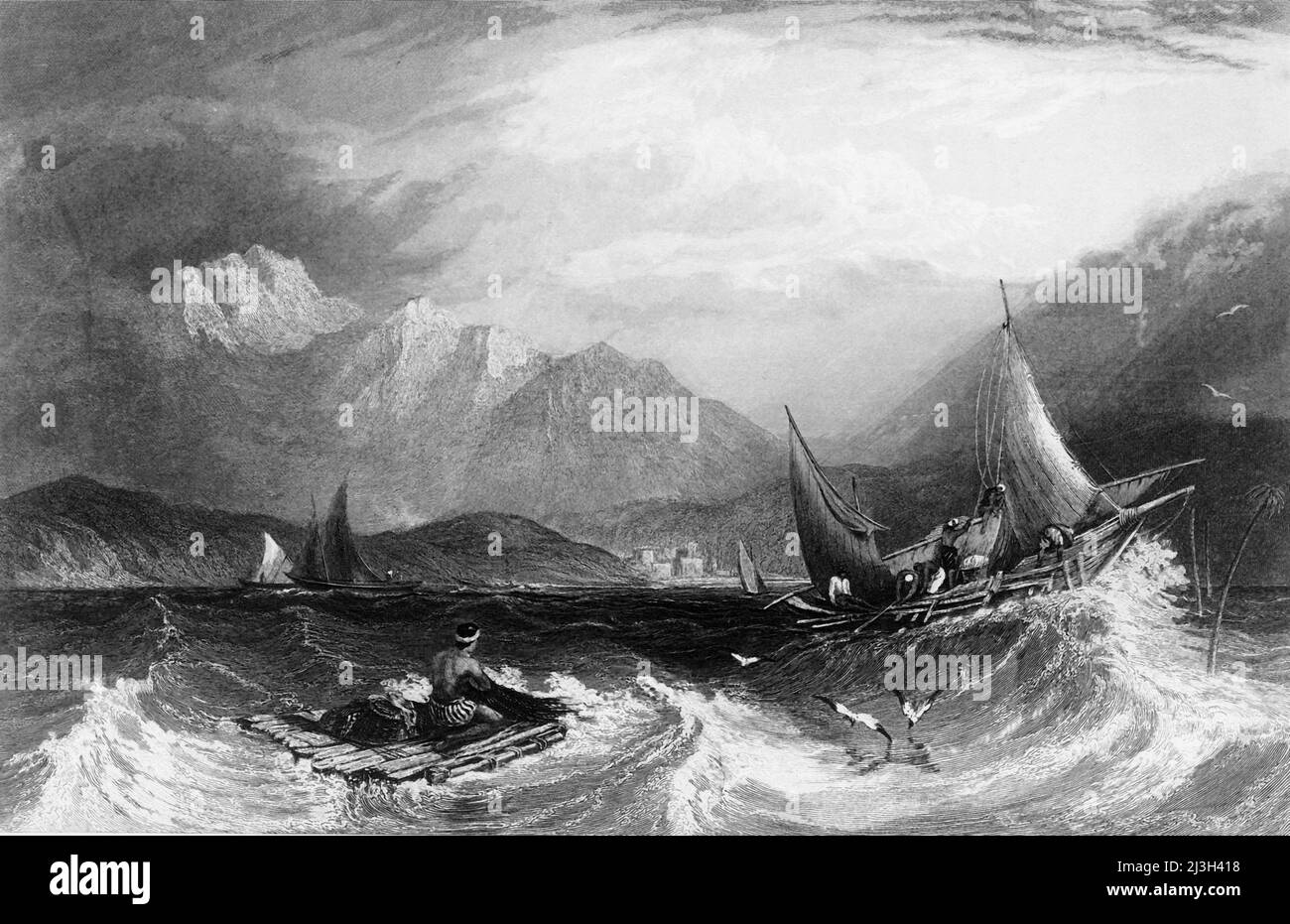 'Bombay Harbour: - Bateaux de pêche, dans la Monsoon', 1845. Bateau à voile et radeau au large de la côte de ce qui est maintenant Mumbai, Inde. De "Hindostan, les rives de la mer Rouge, et les montagnes de l'Himalaya, vol. I". [Fisher, son & amp; Co., Londres, 1845] Banque D'Images