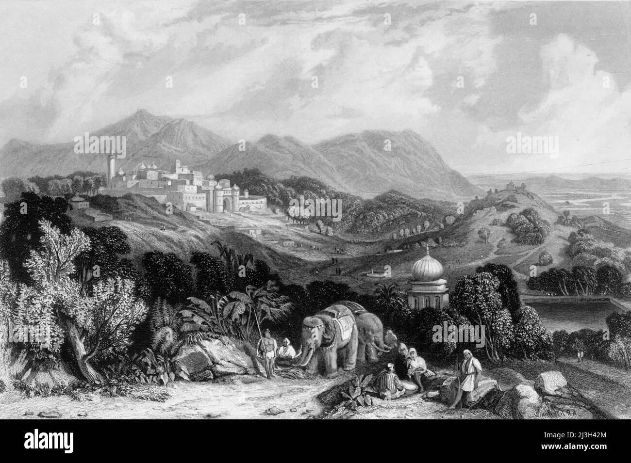 'La ville de Nahun', 1845. Vue de Nahan dans l'Himalaya, Himachal Pradesh, Inde. De "Hindostan, les rives de la mer Rouge, et les montagnes de l'Himalaya, vol. I". [Fisher, son & amp; Co., Londres, 1845] Banque D'Images