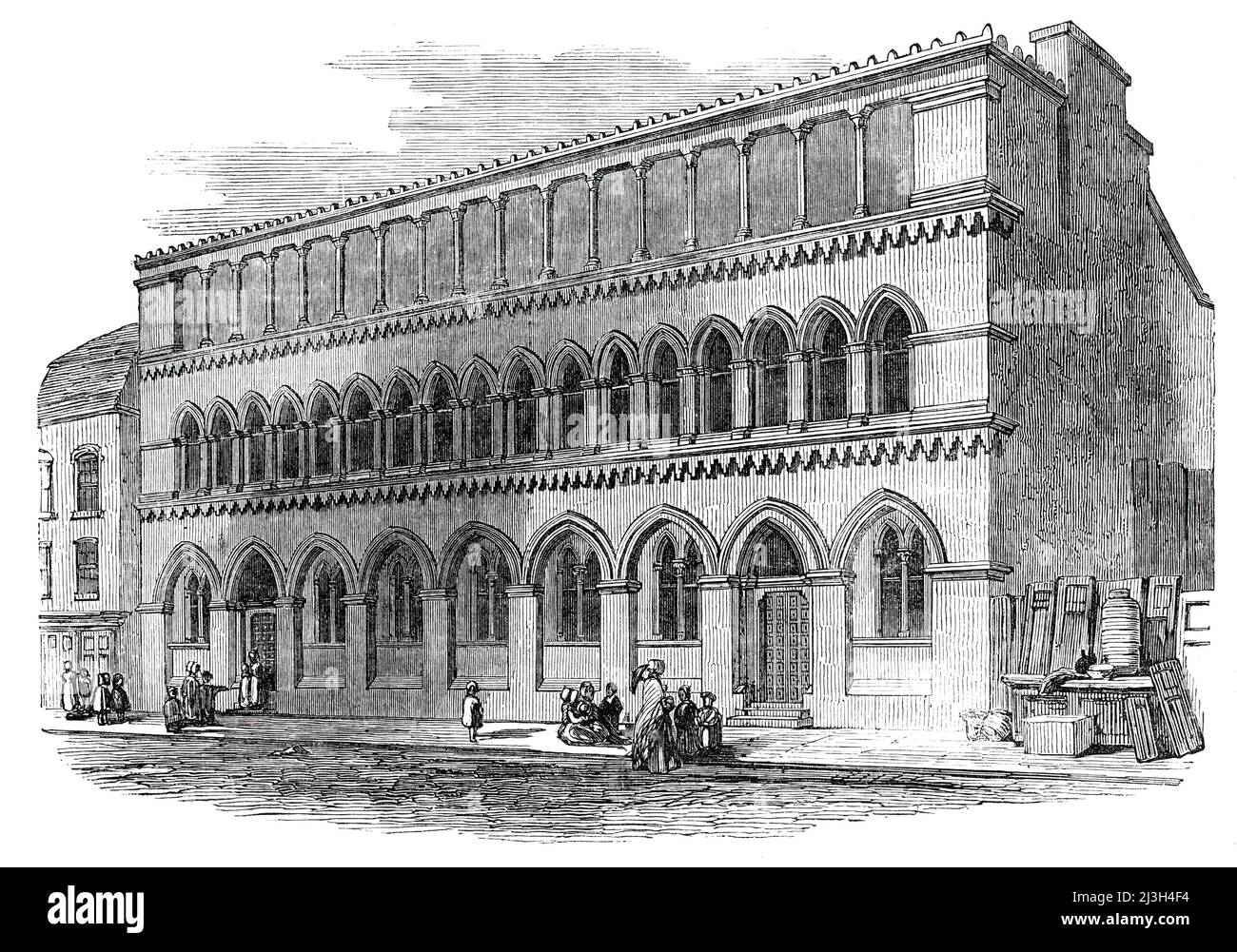 St. Martin's Northern Schools, Castle-Street, long-Acre [à Londres], ouvert jeudi dernier, 1850. « Un sermon a été prêché... par l'évêque de Londres, dans l'église Saint-Martin, dans le but d'inaugurer les... écoles... l'architecte étant M. James William Wild, et les bâtisseurs Messieurs Howard et Nixon... l'hébergement comprendra 400 garçons et filles, et une grande salle d'école pour les enfants, avec des résidences séparées de maîtres et de maîtresse. Il y a un terrain de jeu couvert au sommet du bâtiment - un élément roman - qui prolonge toute la longueur de lui (100 pieds)... l'évêque... pris pour lui Banque D'Images