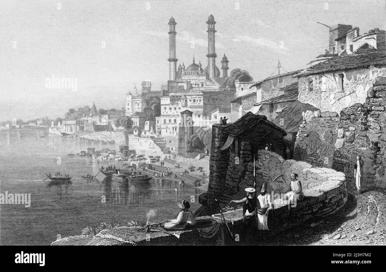'Mosquée d'Aurungzebe, à Benares', 1834. Vue sur la mosquée d'Alamgir à Varanasi en Inde. L'un de ses minarets s'est effondré et a tué plusieurs personnes; l'autre a été enlevé pour des raisons de sécurité. De "Views in India, China and on the Shores of the Red Sea, vol. I". [Fisher, son & amp; Co., Londres, 1835] Banque D'Images
