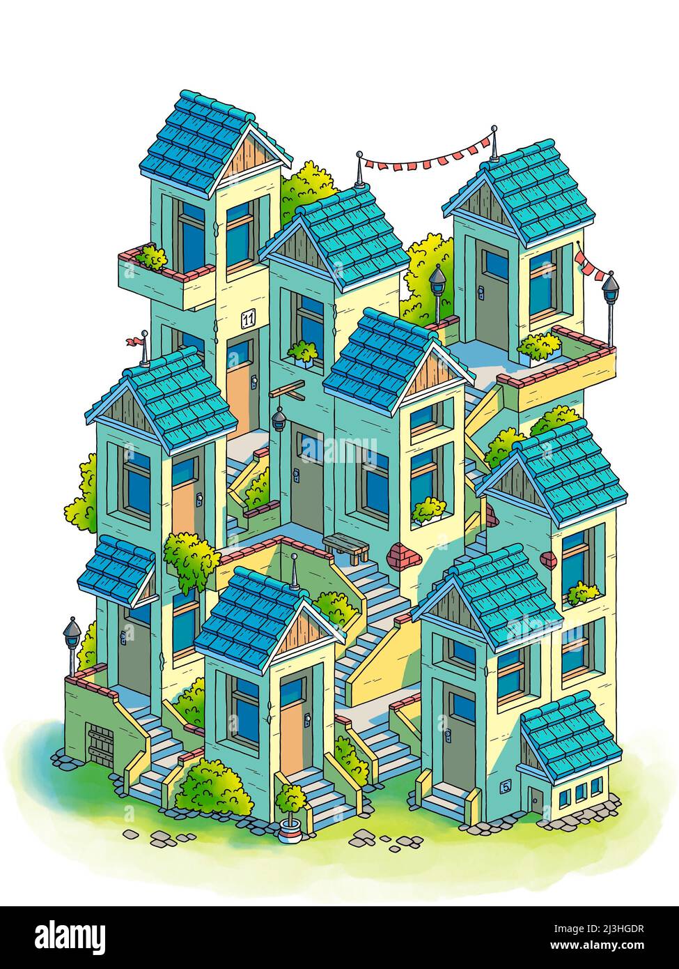 Illustration de maisons dessinées à la main, isométrique Banque D'Images